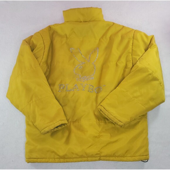 Sparkly Glitter Yellow Playboy Puffer Jacket Glitter Logos Retro Size Medium - Picture 2 of 12